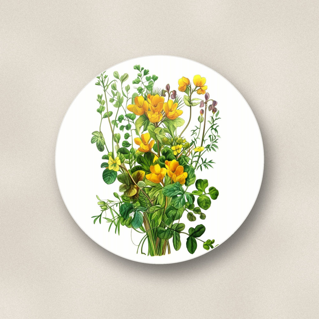 Close-up of one yellow wildflowers & greenery round ceramic coaster, flat UV print