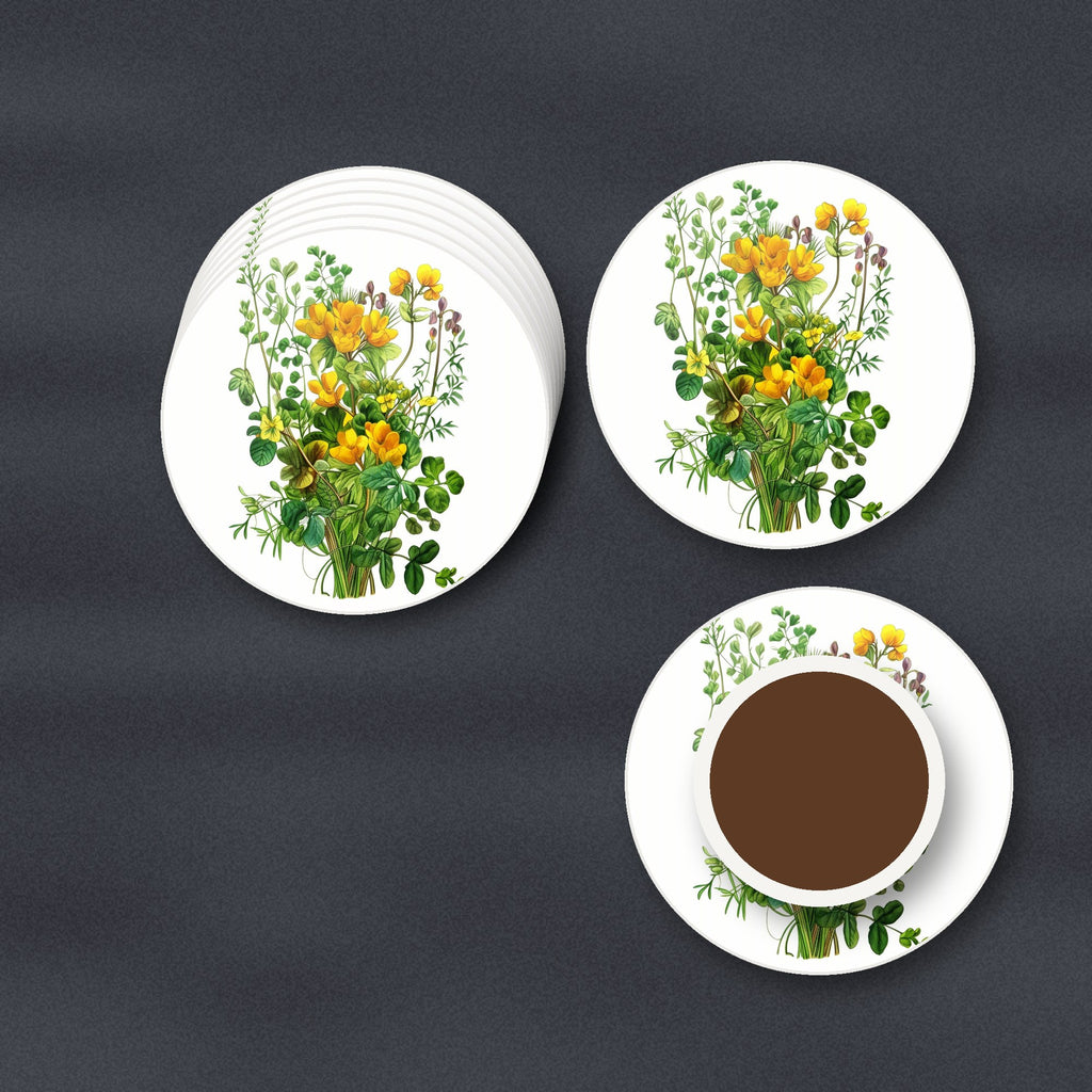 Yellow Wildflowers & Greenery round ceramic coasters stacked on a slate kitchen worktop