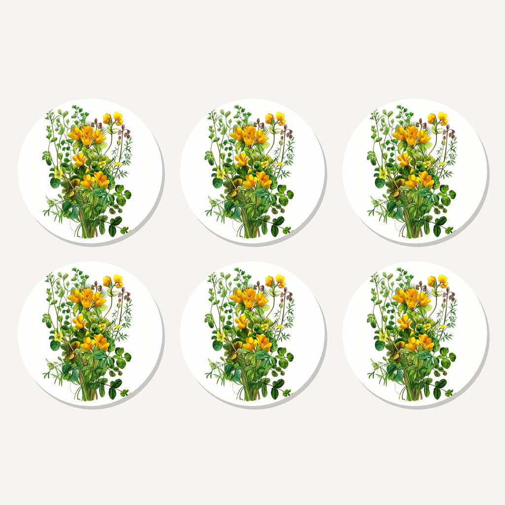 Flat lay of the yellow wildflowers & greenery artwork on six round coasters