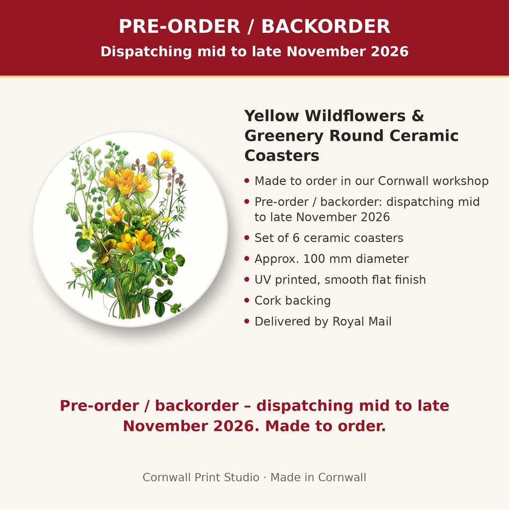Info card: Yellow Wildflowers & Greenery Round Ceramic Coasters – Set of 6, made to order, dispatching mid to late November 2026, delivered by Royal Mail