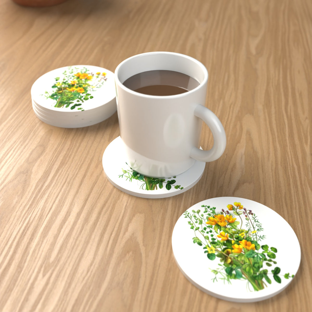Yellow Wildflowers & Greenery Round Ceramic Coasters – Set of 6 – lifestyle mockup with a mug of coffee
