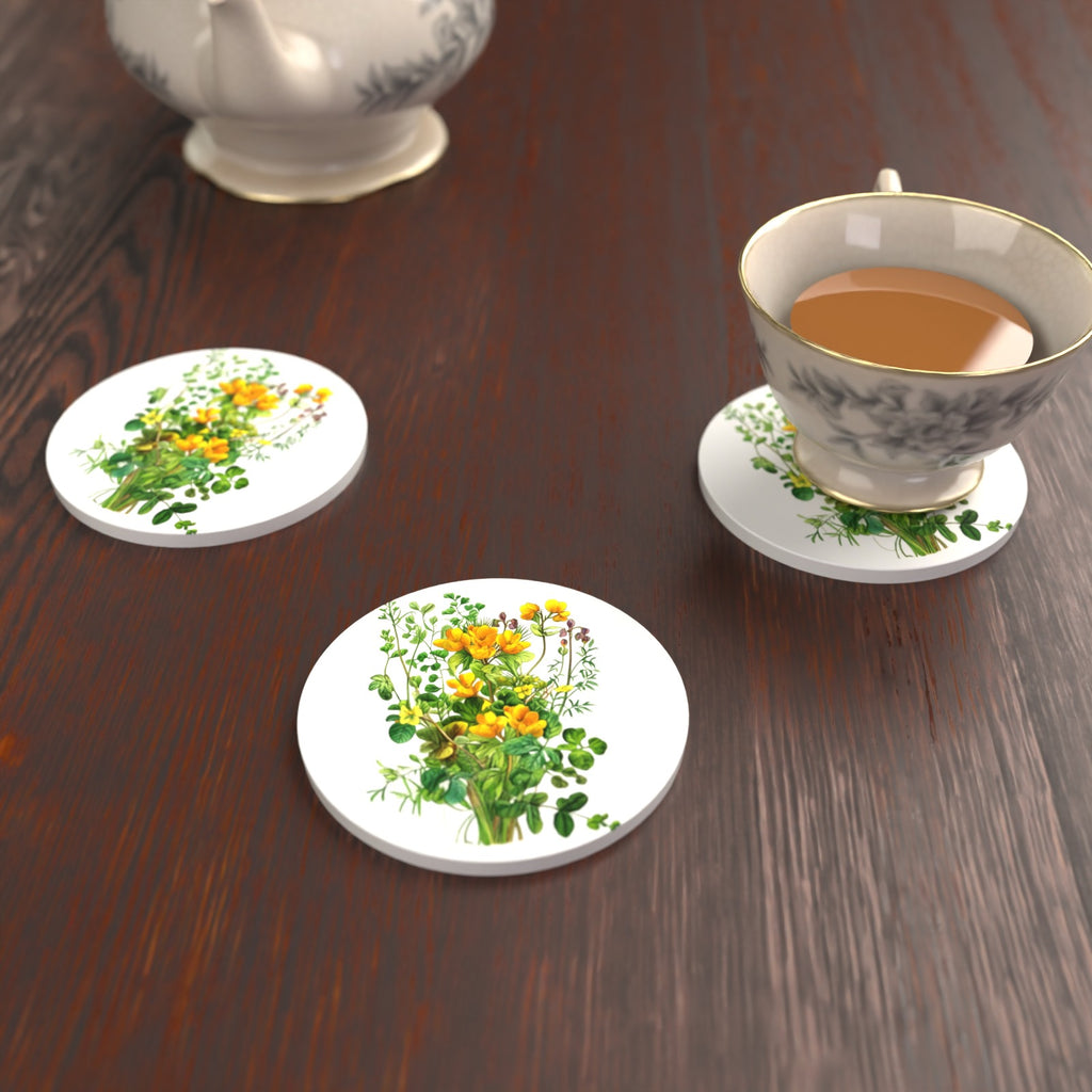 Yellow Wildflowers & Greenery Round Ceramic Coasters – Set of 6 – lifestyle mockup with a teacup
