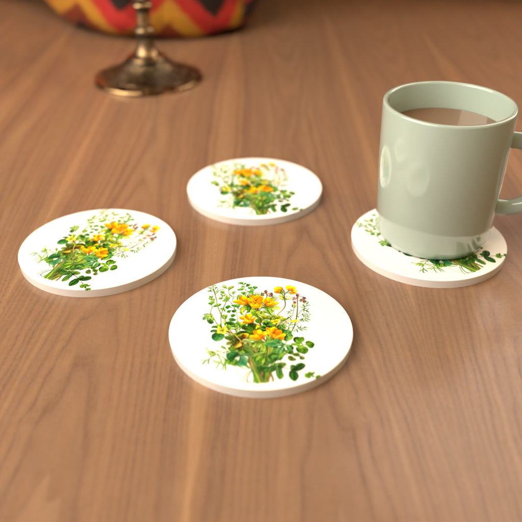 Yellow Wildflowers & Greenery Round Ceramic Coasters – Set of 6 – cosy lifestyle mockup