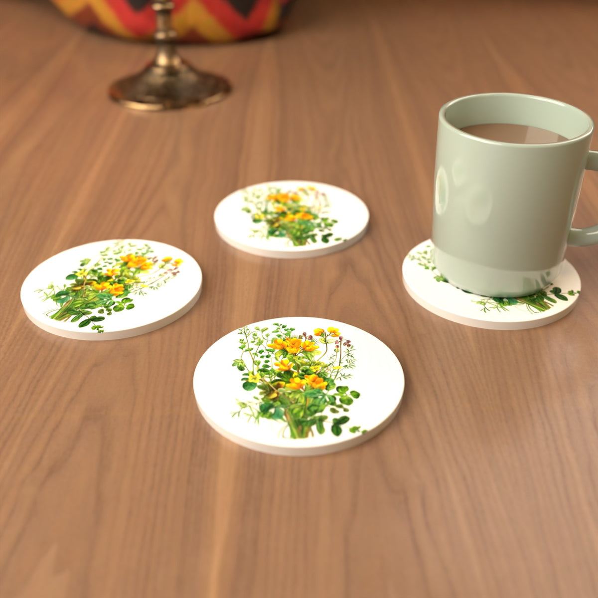 Yellow Wildflowers & Greenery Round Ceramic Coasters – Set of 6 – cosy lifestyle mockup