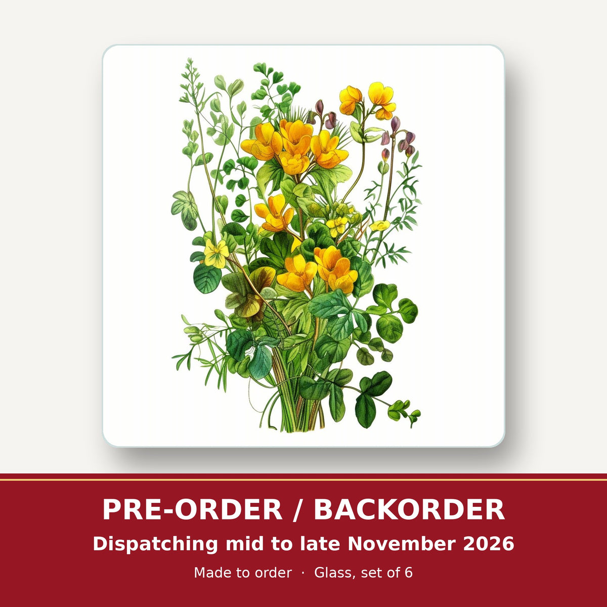 Yellow Wildflowers & Greenery square glass coaster set of 6 – pre-order / backorder, dispatching mid to late November 2026
