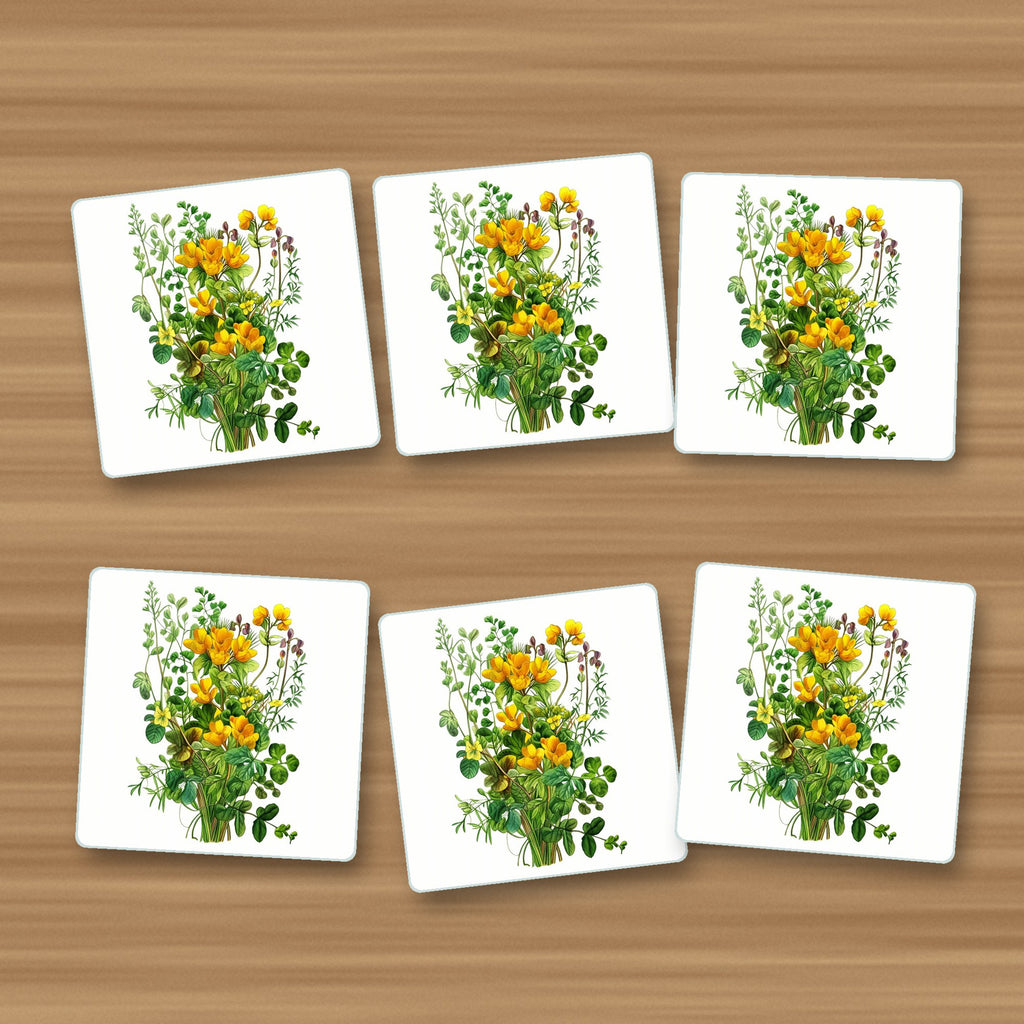 Yellow Wildflowers & Greenery square glass coasters, set of 6, on an oak coffee table