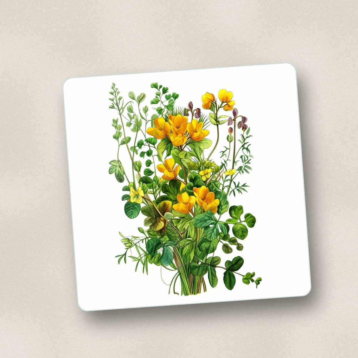 Close-up of one yellow wildflowers & greenery square glass coaster, flat UV print