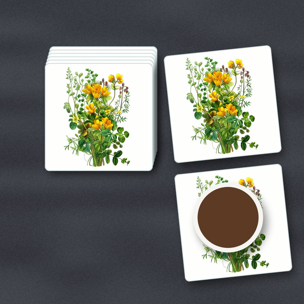 Yellow Wildflowers & Greenery square glass coasters stacked on a slate kitchen worktop