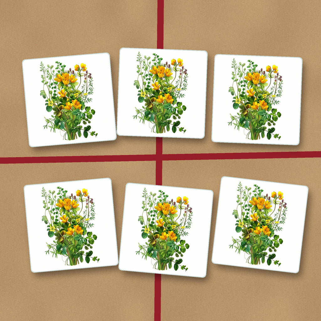 Yellow Wildflowers & Greenery square glass coasters on kraft gift wrap