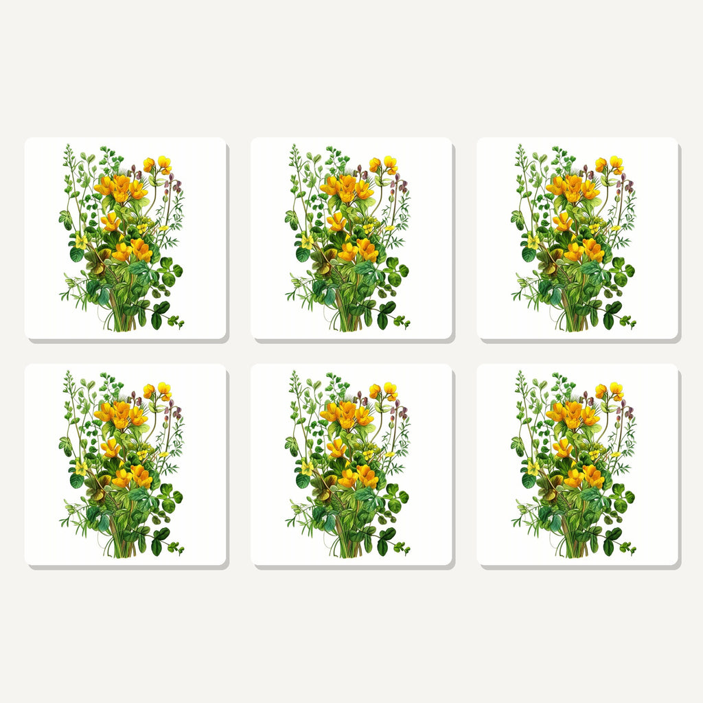 Flat lay of the yellow wildflowers & greenery artwork on six square coasters