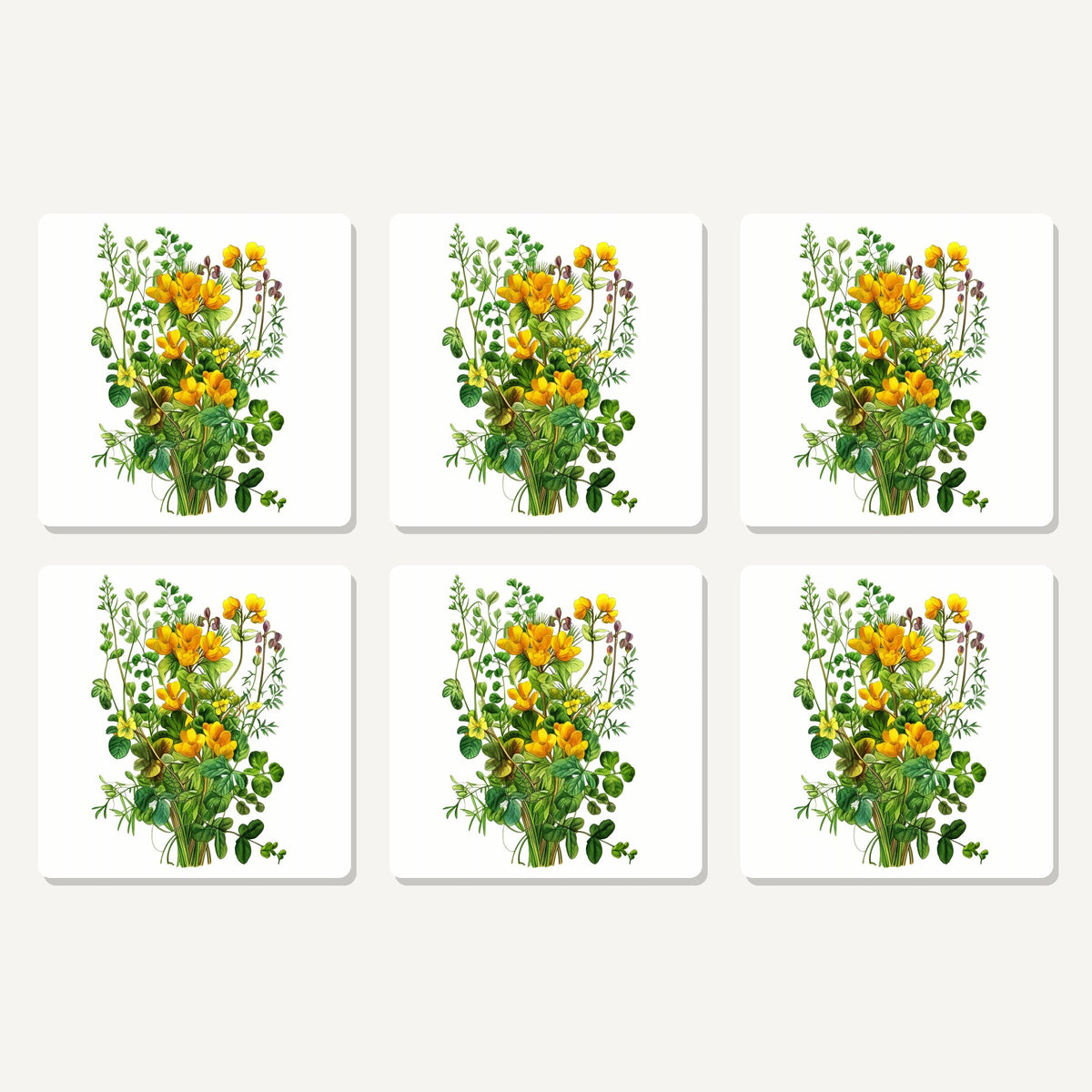 Flat lay of the yellow wildflowers & greenery artwork on six square coasters