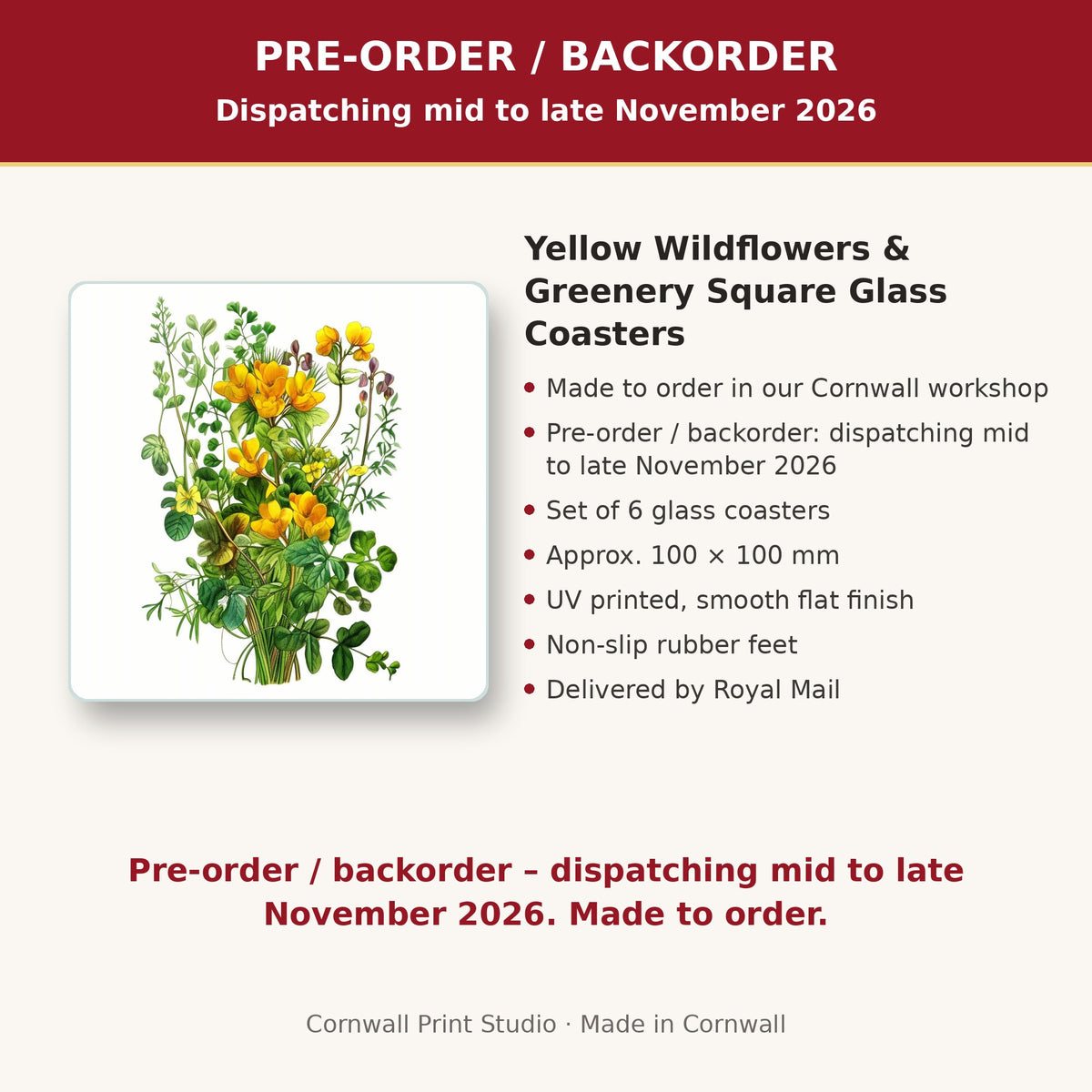 Info card: Yellow Wildflowers & Greenery Square Glass Coasters – Set of 6, made to order, dispatching mid to late November 2026, delivered by Royal Mail