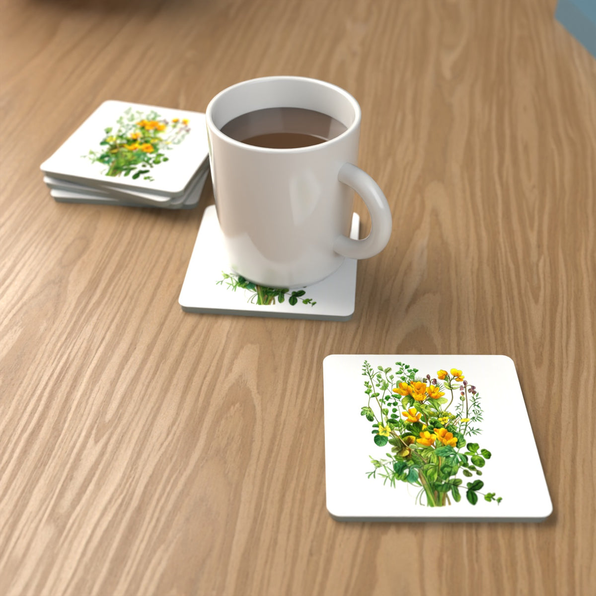Yellow Wildflowers & Greenery Square Glass Coasters – Set of 6 – lifestyle mockup with a mug of coffee