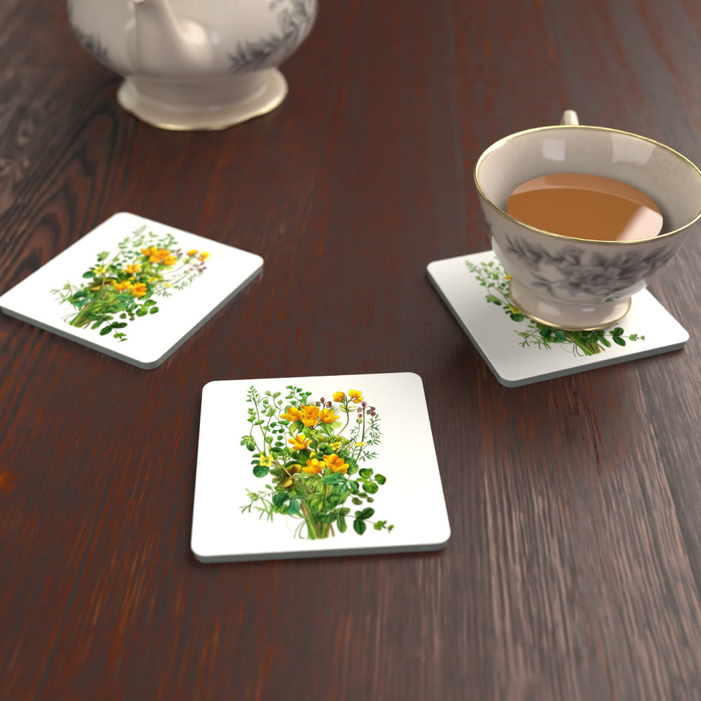Yellow Wildflowers & Greenery Square Glass Coasters – Set of 6 – lifestyle mockup with a teacup