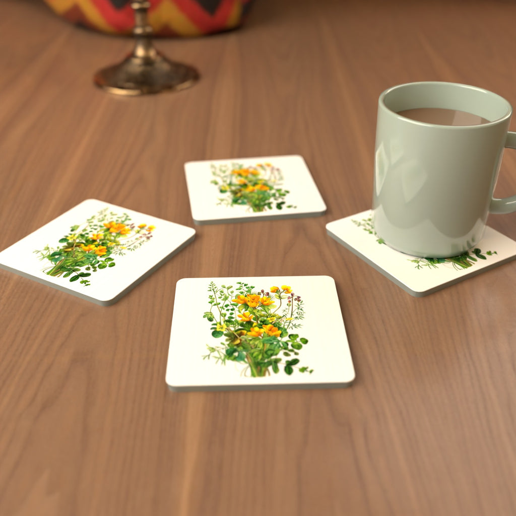 Yellow Wildflowers & Greenery Square Glass Coasters – Set of 6 – cosy lifestyle mockup