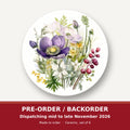 Purple Anemone & Berry Bouquet round ceramic coaster set of 6 – pre-order / backorder, dispatching mid to late November 2026