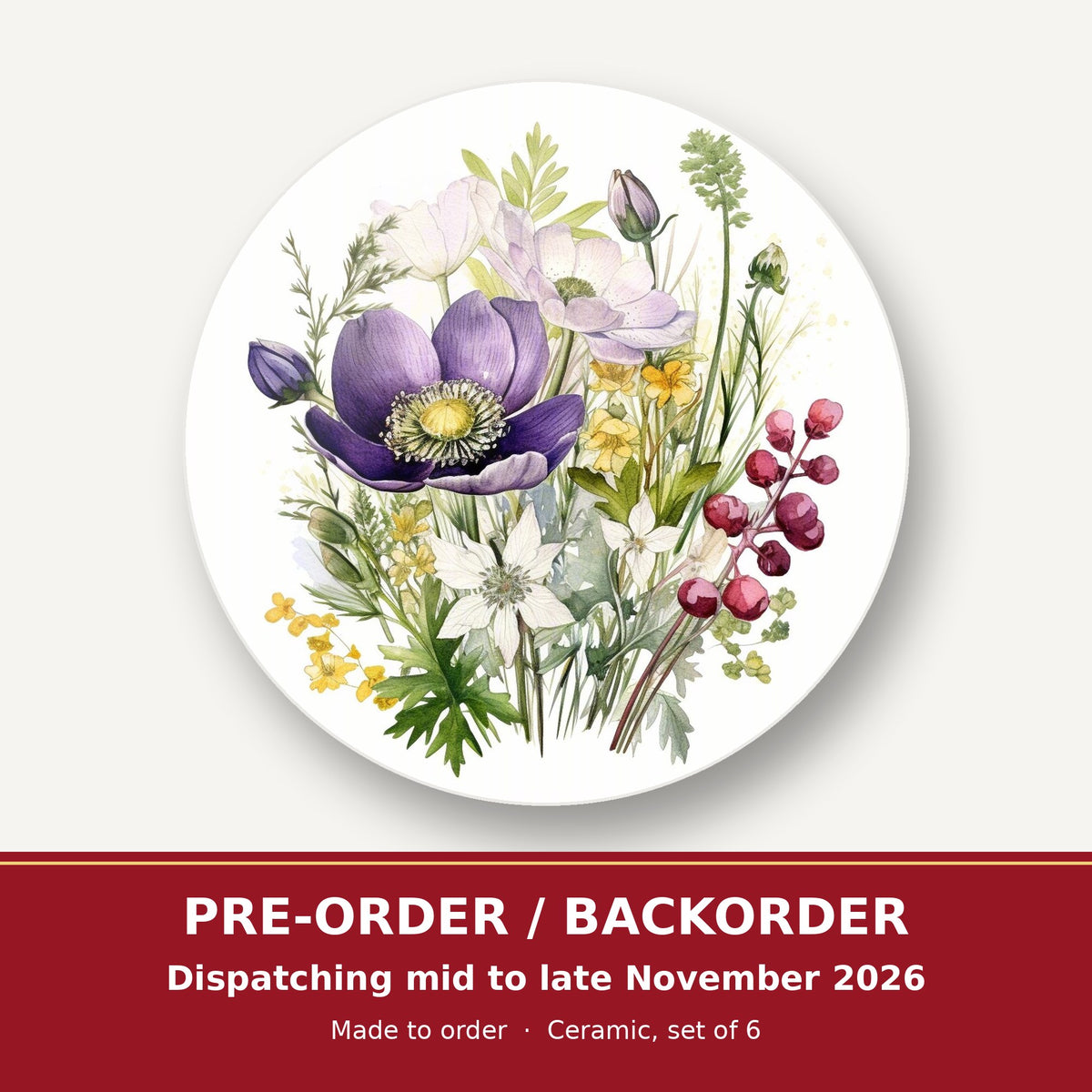 Purple Anemone & Berry Bouquet round ceramic coaster set of 6 – pre-order / backorder, dispatching mid to late November 2026