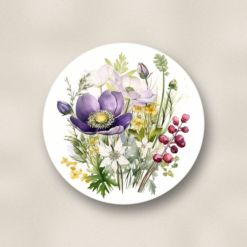 Close-up of one purple anemone & berry bouquet round ceramic coaster, flat UV print
