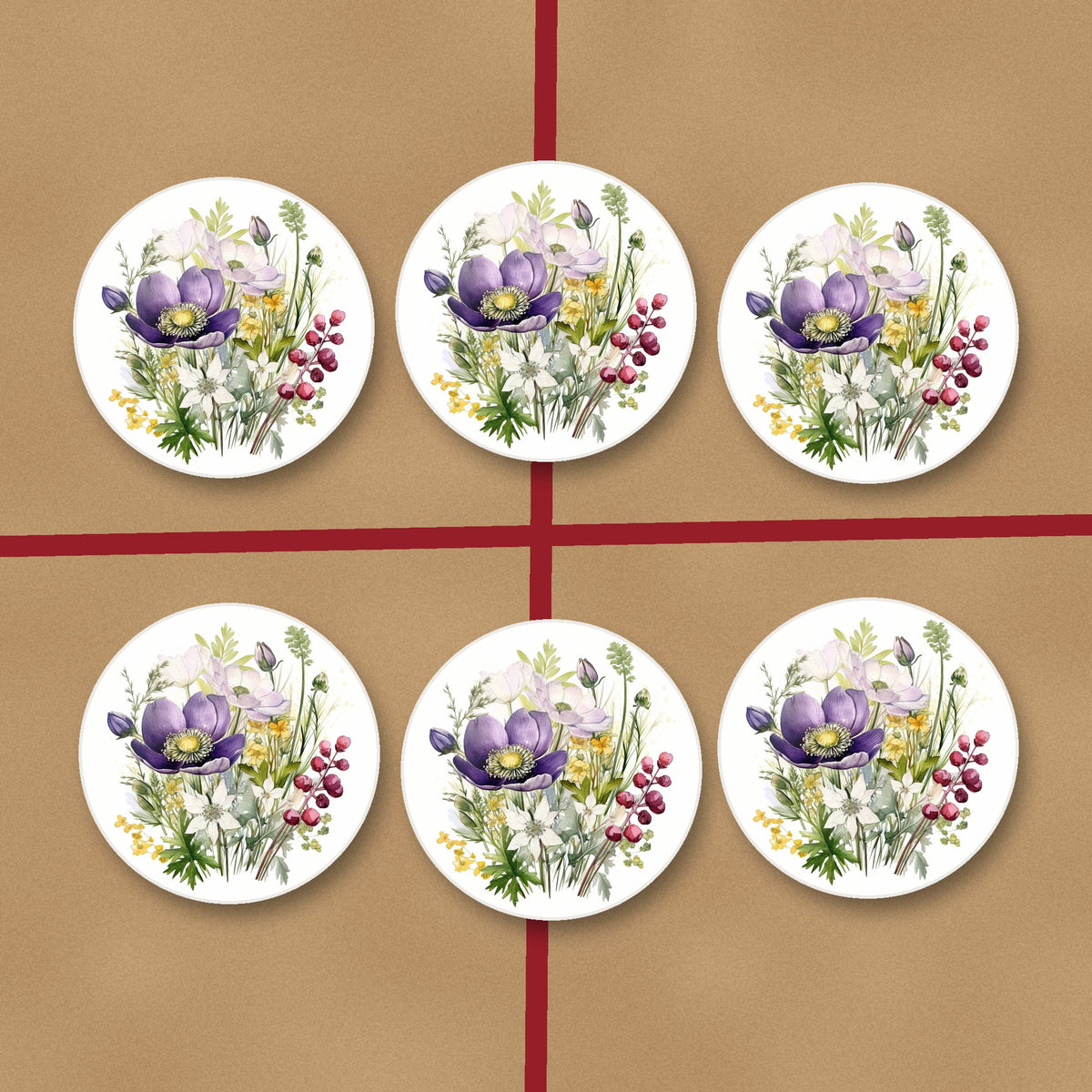 Purple Anemone & Berry Bouquet round ceramic coasters on kraft gift wrap