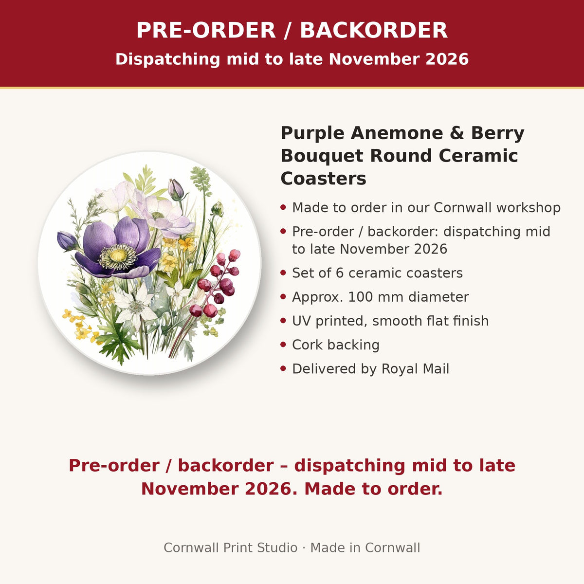 Info card: Purple Anemone & Berry Bouquet Round Ceramic Coasters – Set of 6, made to order, dispatching mid to late November 2026, delivered by Royal Mail