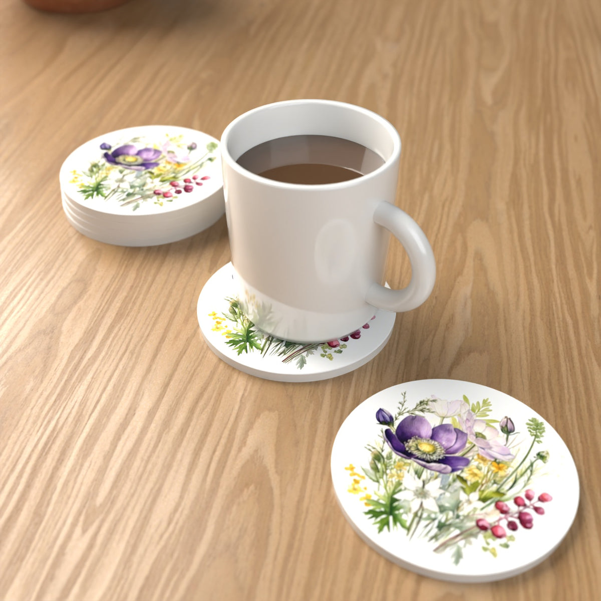 Purple Anemone & Berry Bouquet Round Ceramic Coasters – Set of 6 – lifestyle mockup with a mug of coffee