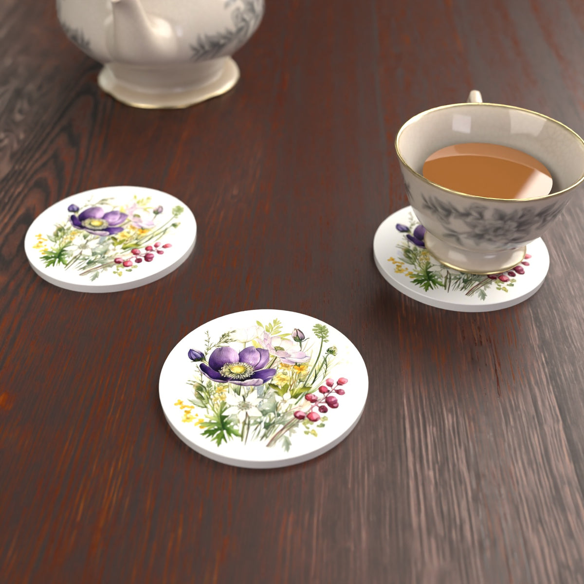 Purple Anemone & Berry Bouquet Round Ceramic Coasters – Set of 6 – lifestyle mockup with a teacup