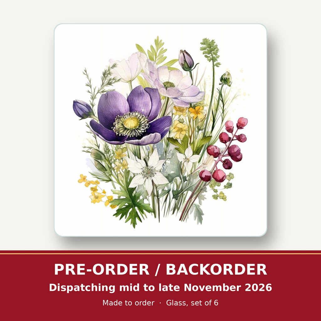 Purple Anemone & Berry Bouquet square glass coaster set of 6 – pre-order / backorder, dispatching mid to late November 2026
