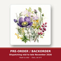 Purple Anemone & Berry Bouquet square glass coaster set of 6 – pre-order / backorder, dispatching mid to late November 2026