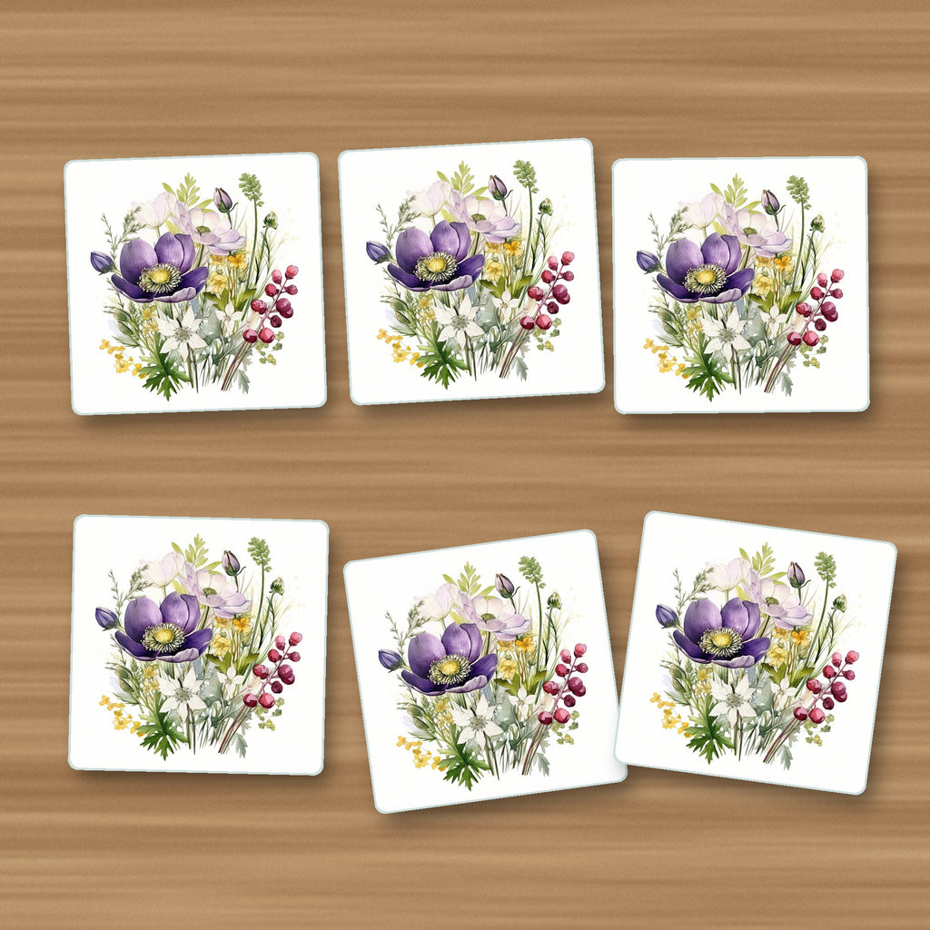Purple Anemone & Berry Bouquet square glass coasters, set of 6, on an oak coffee table