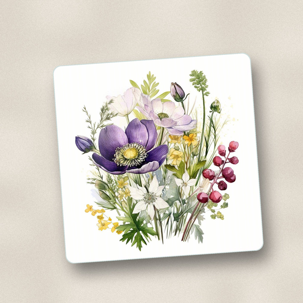 Close-up of one purple anemone & berry bouquet square glass coaster, flat UV print