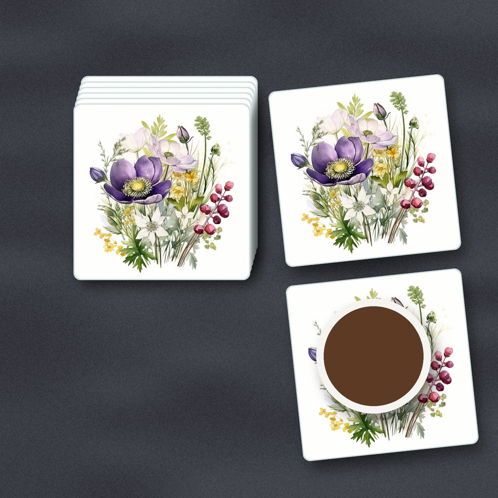 Purple Anemone & Berry Bouquet square glass coasters stacked on a slate kitchen worktop