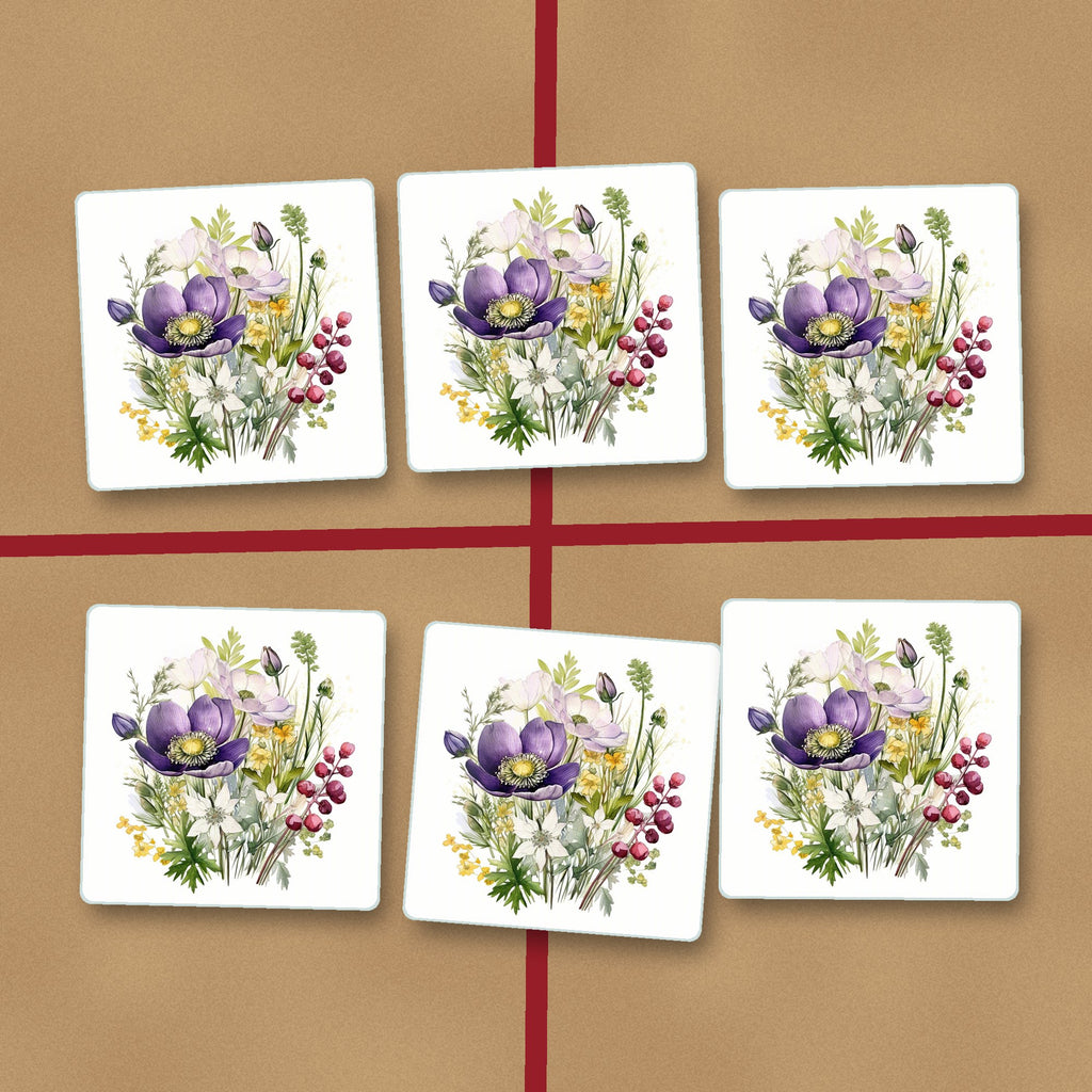 Purple Anemone & Berry Bouquet square glass coasters on kraft gift wrap