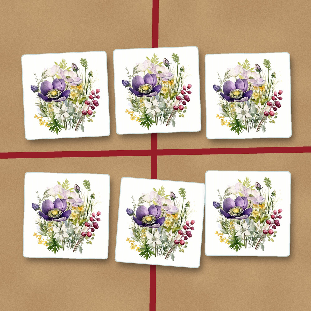 Purple Anemone & Berry Bouquet square glass coasters on kraft gift wrap