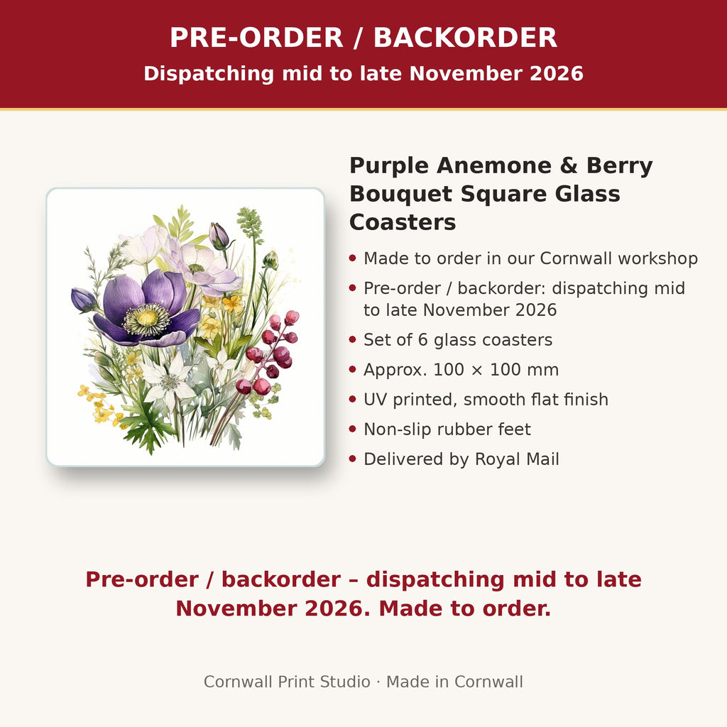 Info card: Purple Anemone & Berry Bouquet Square Glass Coasters – Set of 6, made to order, dispatching mid to late November 2026, delivered by Royal Mail