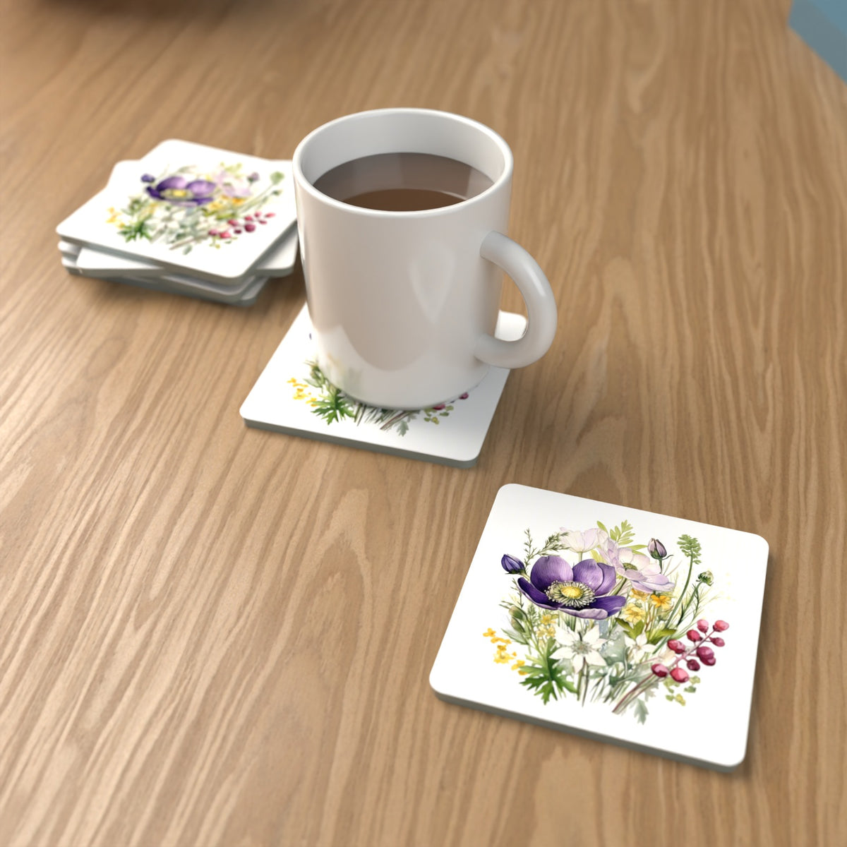 Purple Anemone & Berry Bouquet Square Glass Coasters – Set of 6 – lifestyle mockup with a mug of coffee