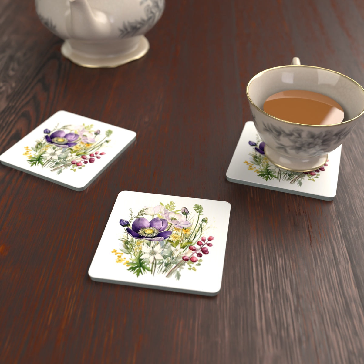 Purple Anemone & Berry Bouquet Square Glass Coasters – Set of 6 – lifestyle mockup with a teacup