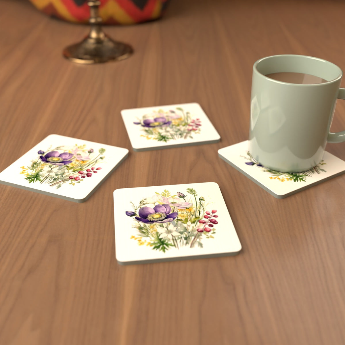 Purple Anemone & Berry Bouquet Square Glass Coasters – Set of 6 – cosy lifestyle mockup