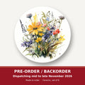 Yellow & Blue Meadow Bouquet round ceramic coaster set of 6 – pre-order / backorder, dispatching mid to late November 2026