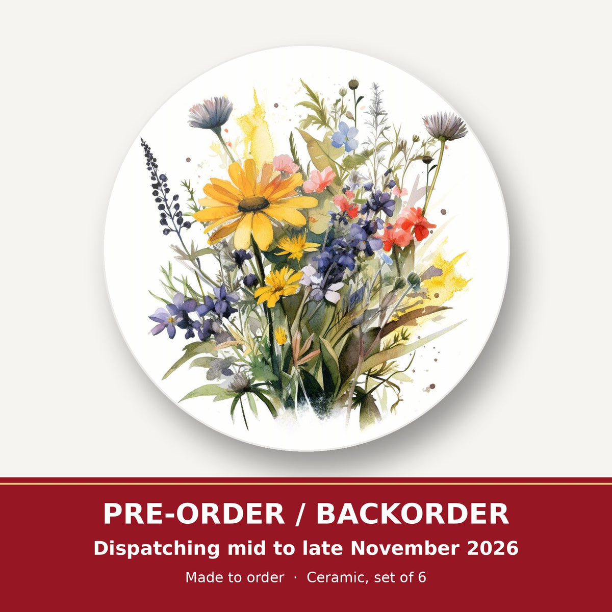 Yellow & Blue Meadow Bouquet round ceramic coaster set of 6 – pre-order / backorder, dispatching mid to late November 2026