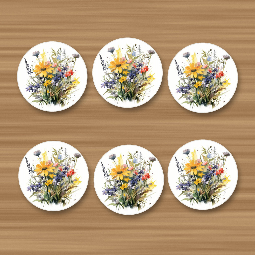 Yellow & Blue Meadow Bouquet round ceramic coasters, set of 6, on an oak coffee table