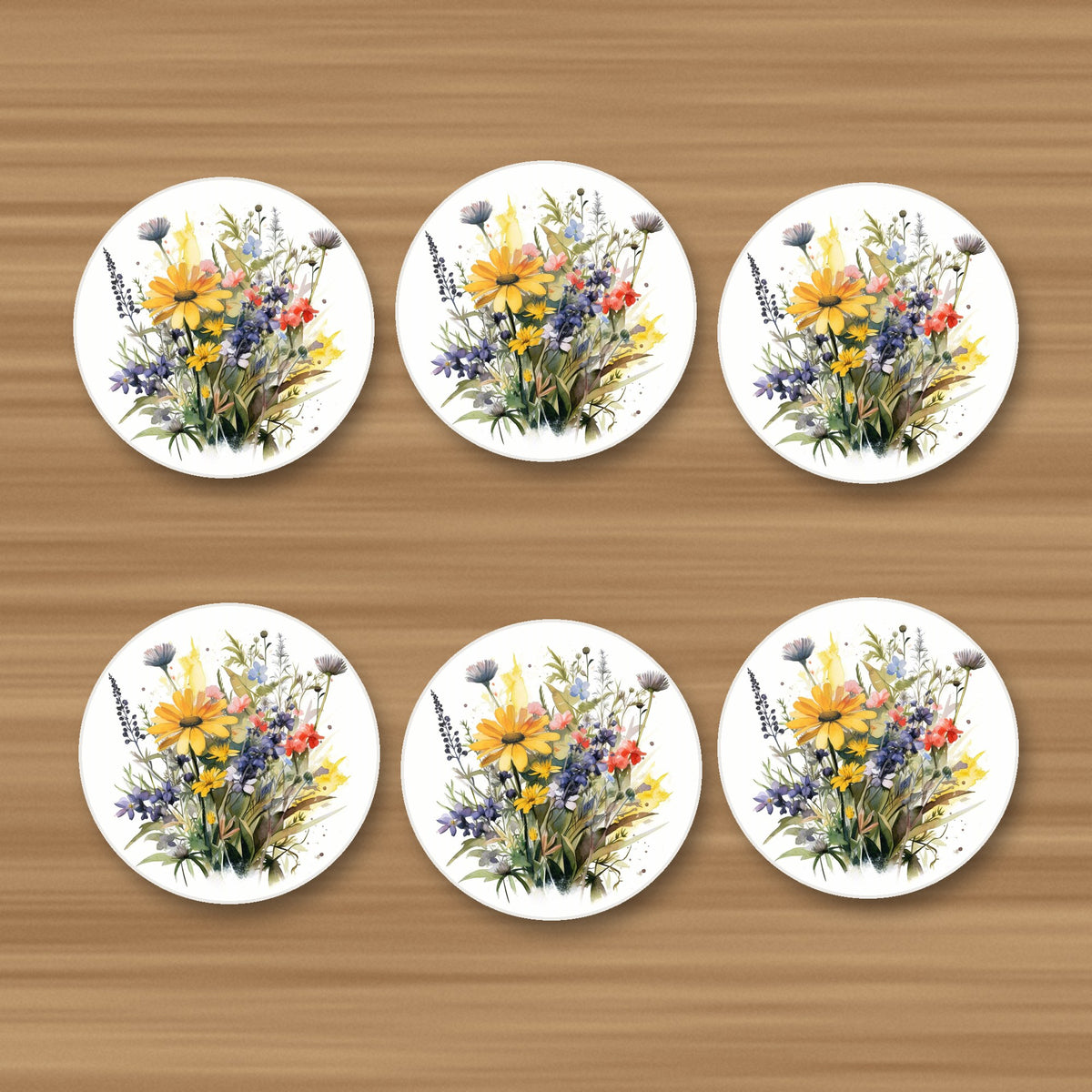 Yellow & Blue Meadow Bouquet round ceramic coasters, set of 6, on an oak coffee table