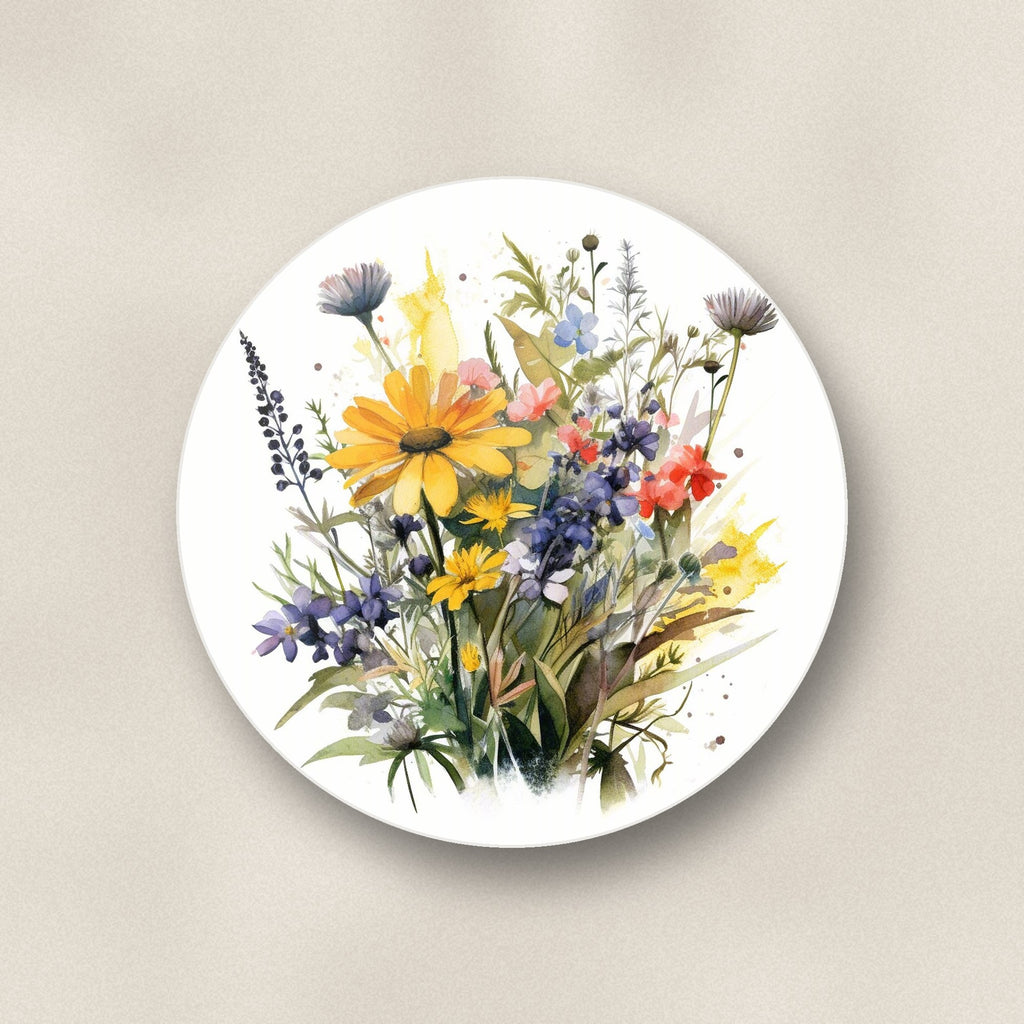 Close-up of one yellow & blue meadow bouquet round ceramic coaster, flat UV print