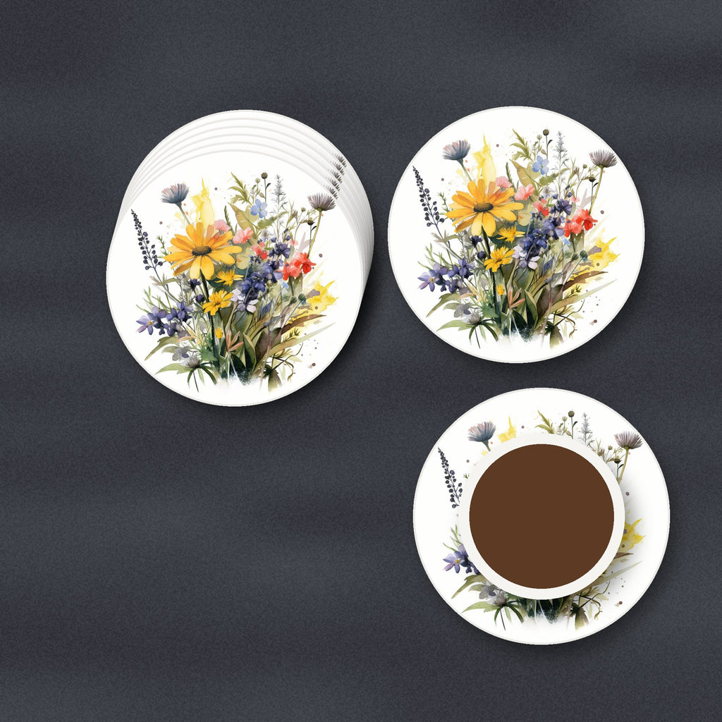 Yellow & Blue Meadow Bouquet round ceramic coasters stacked on a slate kitchen worktop