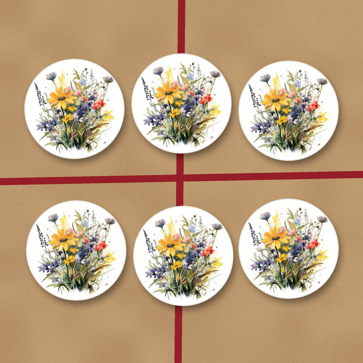 Yellow & Blue Meadow Bouquet round ceramic coasters on kraft gift wrap