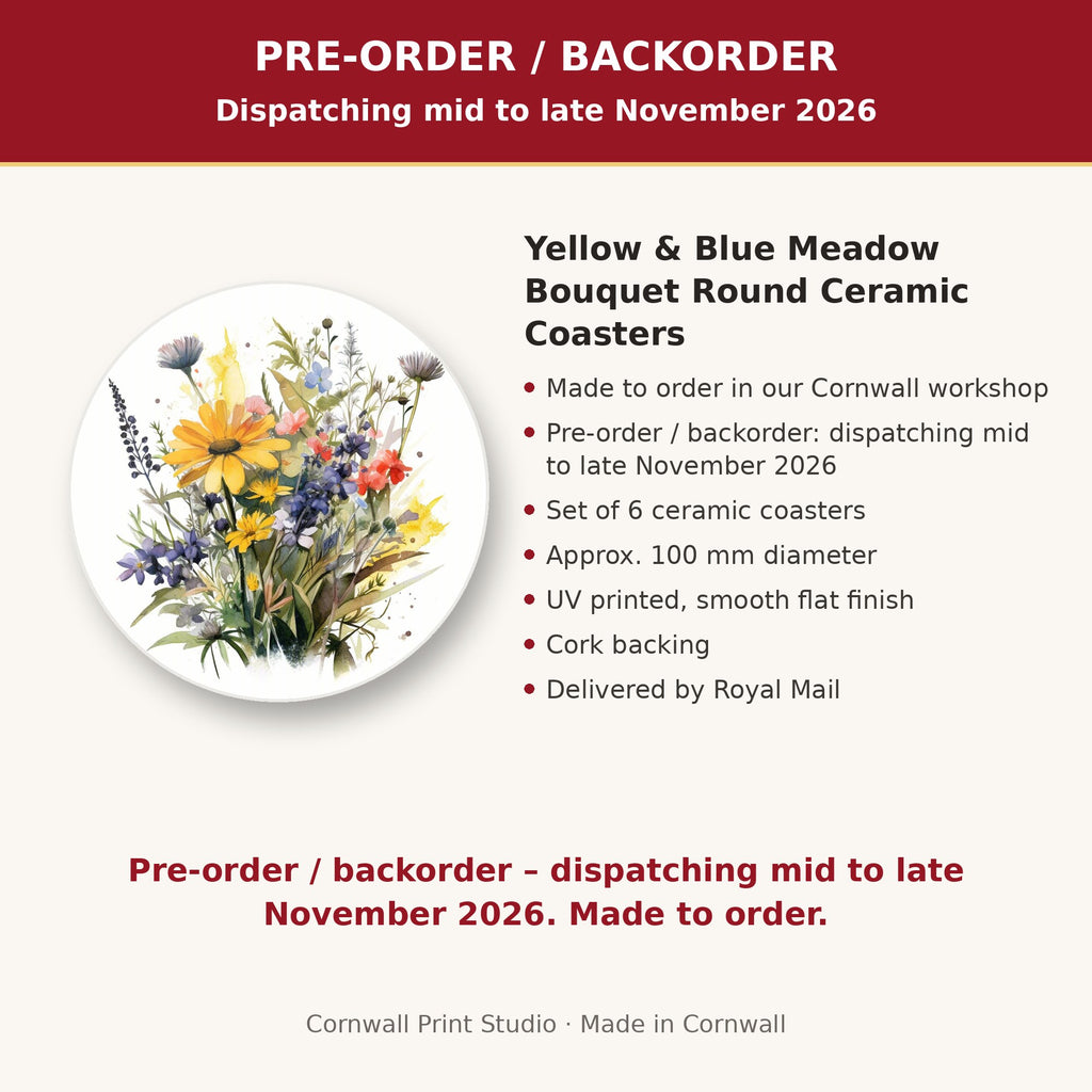 Info card: Yellow & Blue Meadow Bouquet Round Ceramic Coasters – Set of 6, made to order, dispatching mid to late November 2026, delivered by Royal Mail