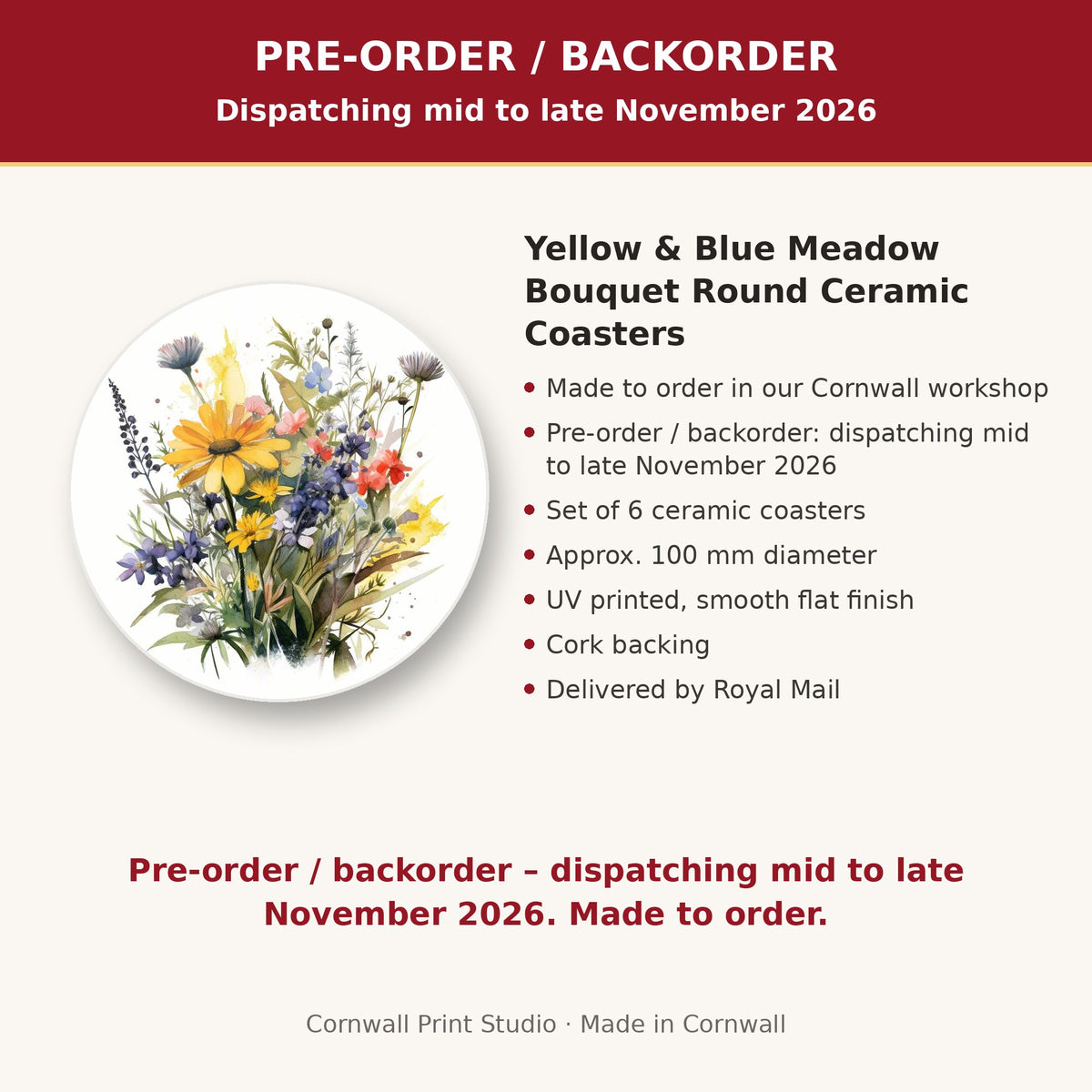 Info card: Yellow & Blue Meadow Bouquet Round Ceramic Coasters – Set of 6, made to order, dispatching mid to late November 2026, delivered by Royal Mail