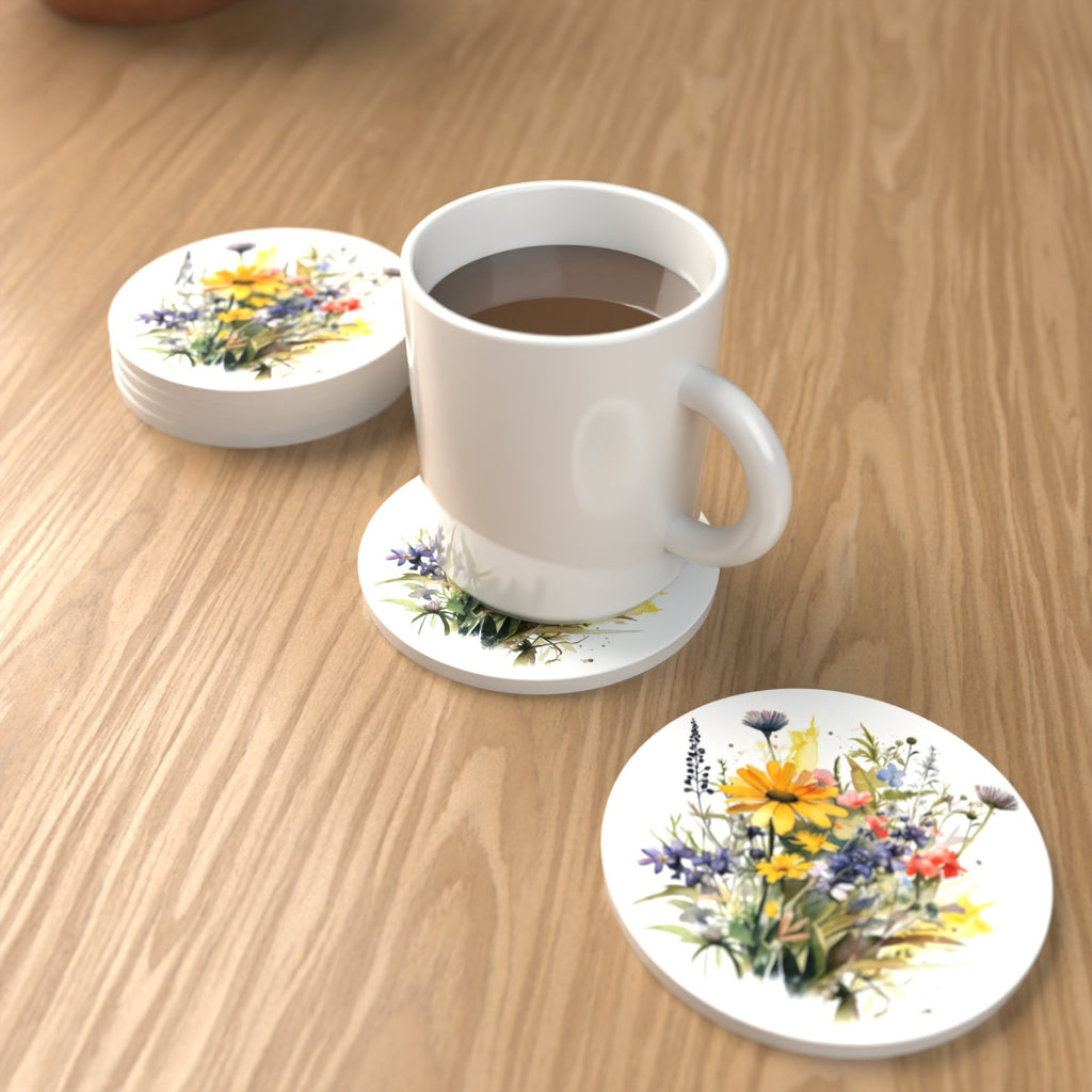 Yellow & Blue Meadow Bouquet Round Ceramic Coasters – Set of 6 – lifestyle mockup with a mug of coffee