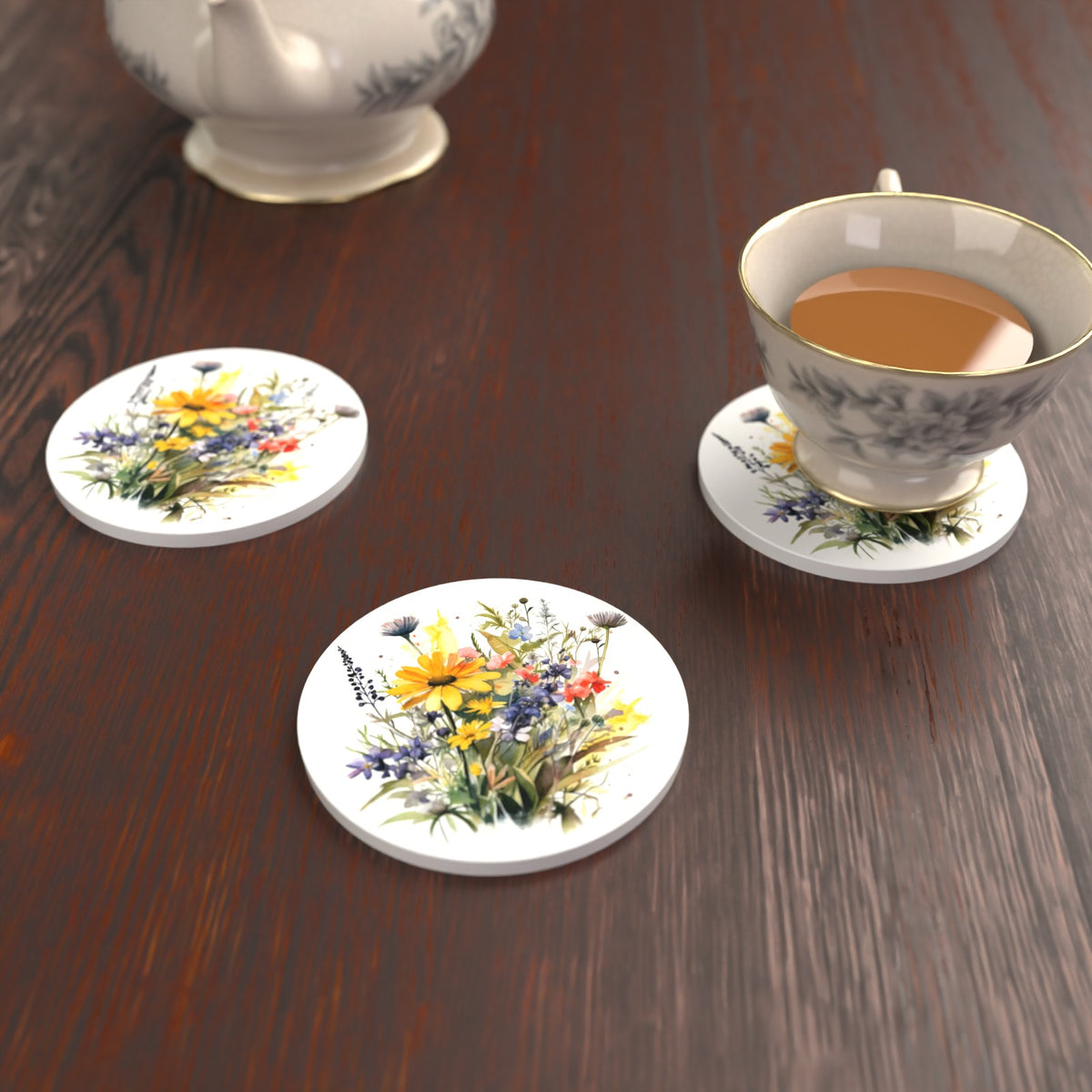 Yellow & Blue Meadow Bouquet Round Ceramic Coasters – Set of 6 – lifestyle mockup with a teacup