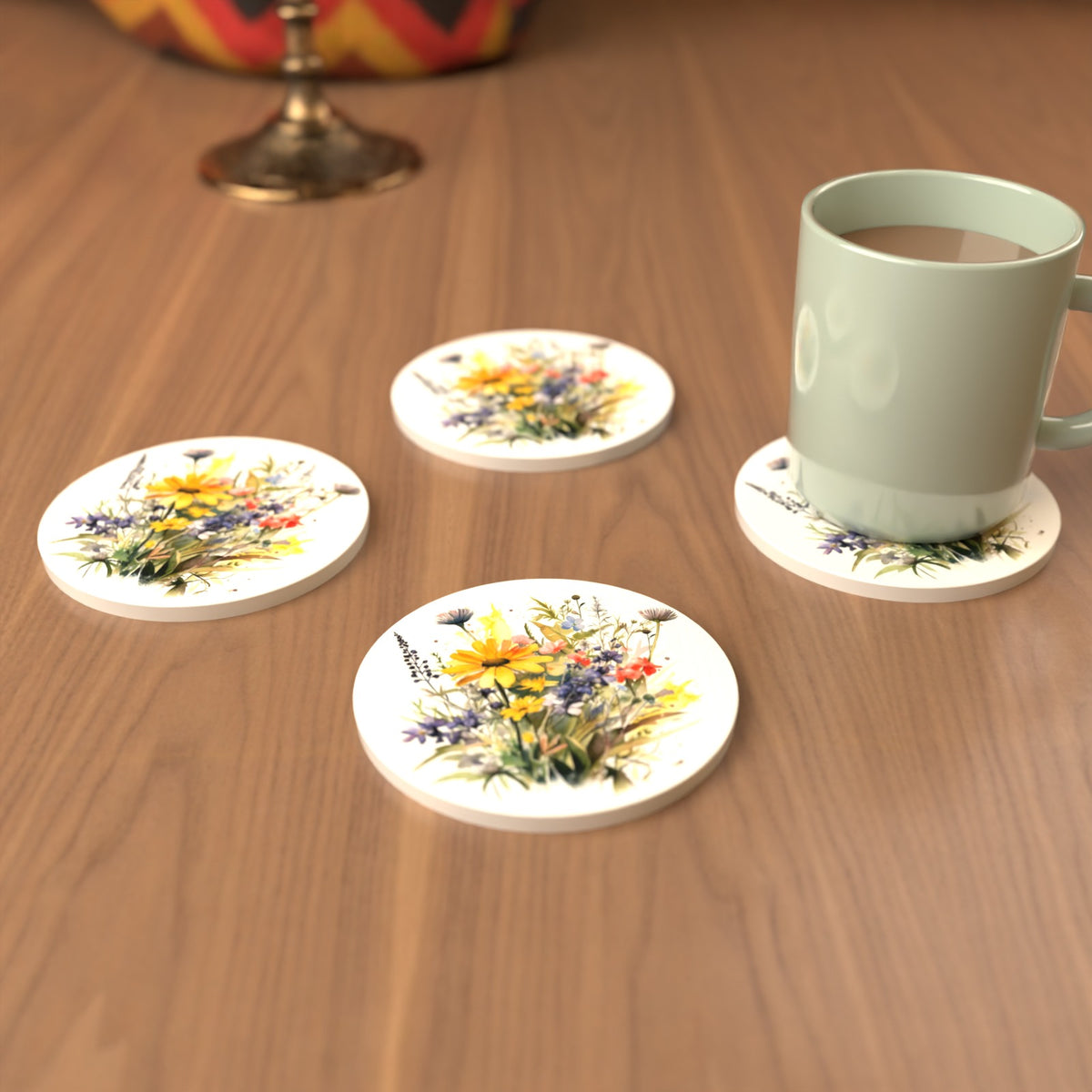 Yellow & Blue Meadow Bouquet Round Ceramic Coasters – Set of 6 – cosy lifestyle mockup