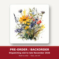 Yellow & Blue Meadow Bouquet square glass coaster set of 6 – pre-order / backorder, dispatching mid to late November 2026
